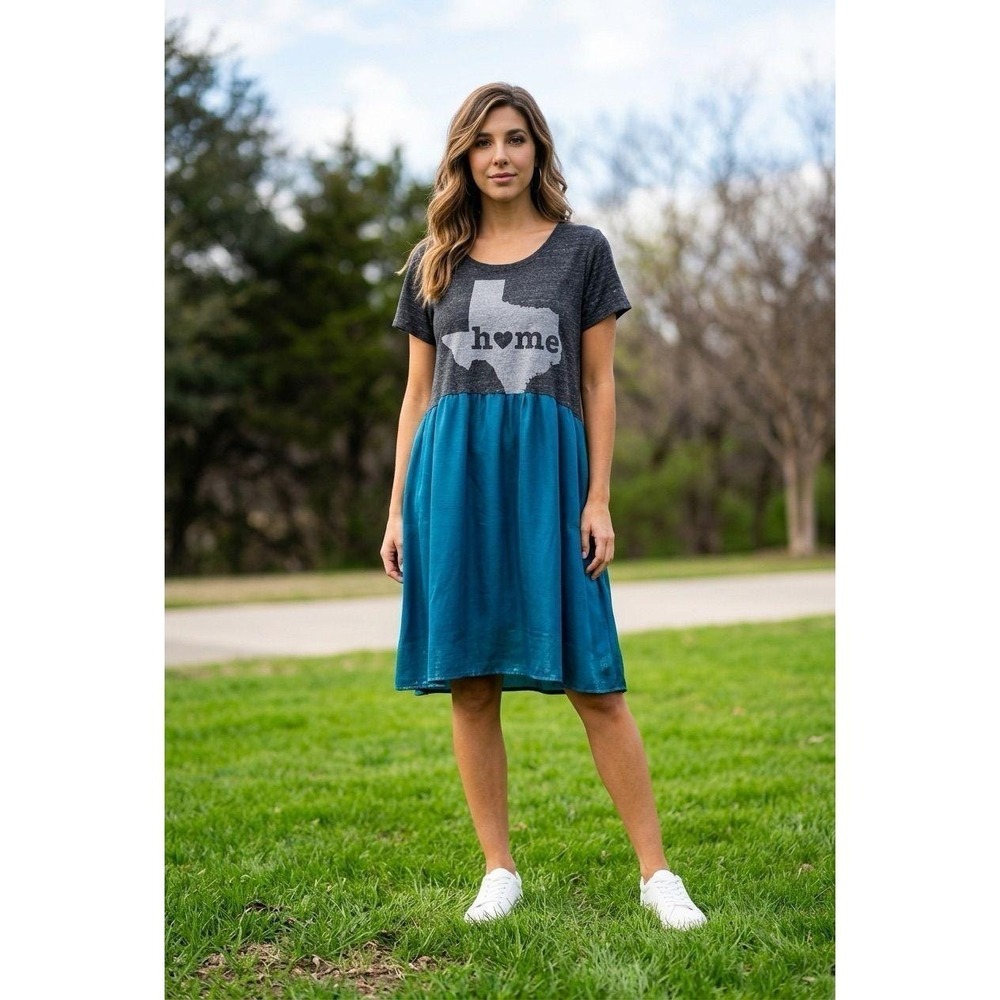 Upcycled Texas Home‎ Graphic Dress One of a Kind Teal Blue Grey Midi Womens